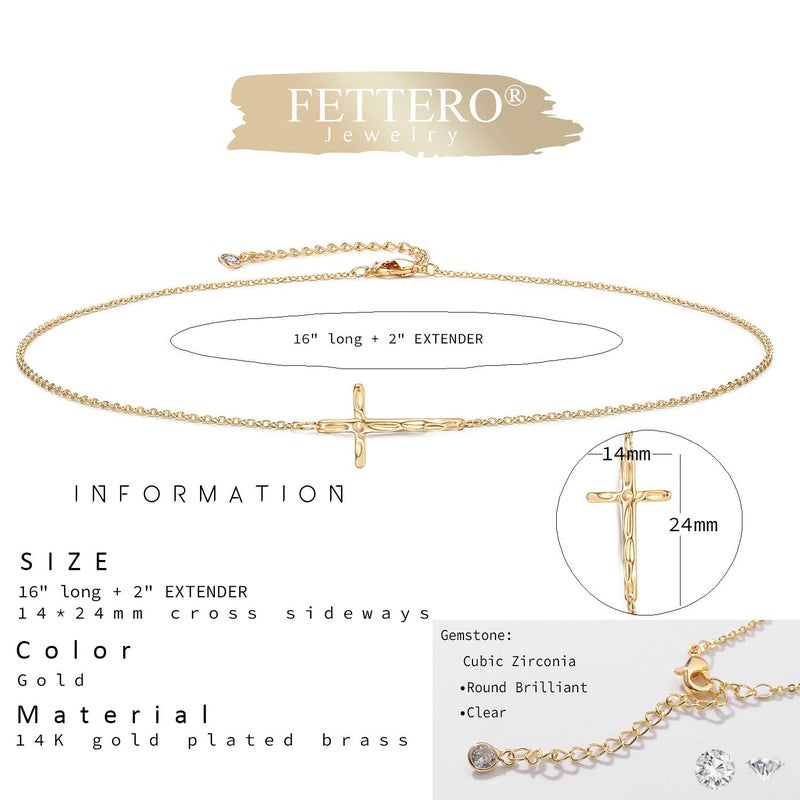 Fettero Sideways Cross Necklace Choker Gold Faith Hammered Pendant 14K Gold Plated Dainty Chain Minimalist Simple Tiny God Lords Prayer Religious Jewelry Gift - Image 5